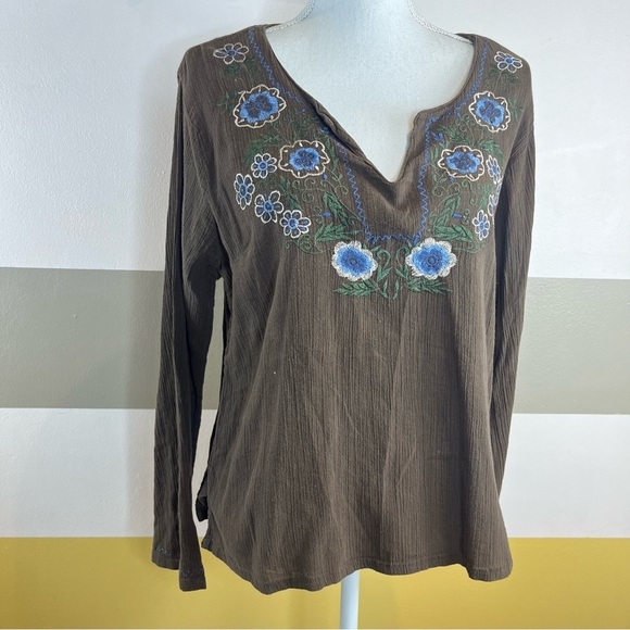 2/$25 Giselle Apparel Vintage 90s Brown Floral Embroidered Boho Hippie Blouse - Picture 2 of 13